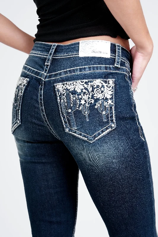 Cactus 3D Modify Embellished Mid Rise Bootcut Jeans Comfortable Stretch Denim Jeans