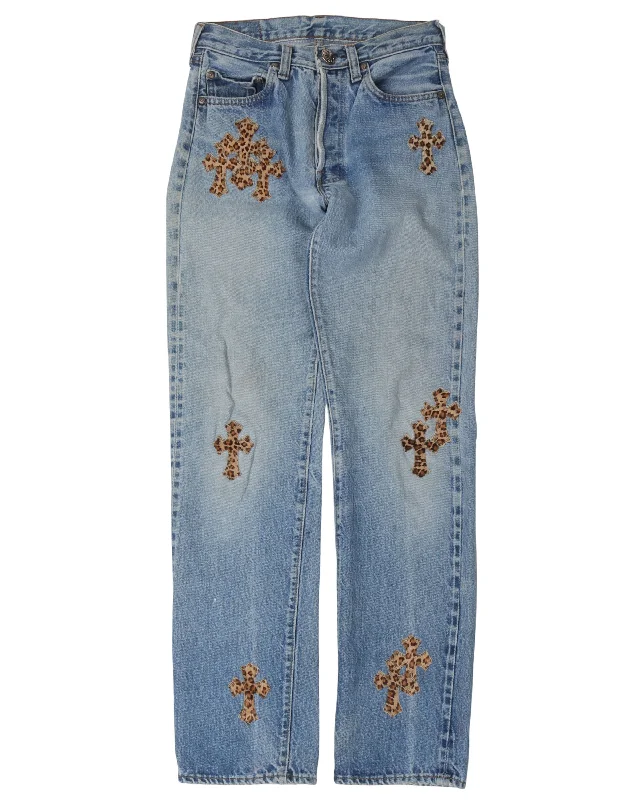 Leopard Cross Patch Jeans Stylish High-Waisted Denim