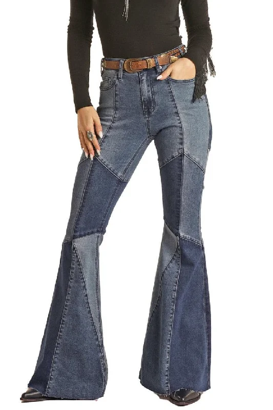 Rock & Roll Cowgirl Women's Patch Denim Bell Bottom Flare Jeans BW7HD02252 Comfortable Straight-Legged Denim