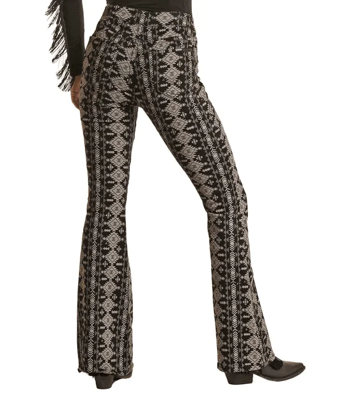 Rock & Roll Cowgirl Women's Grey Aztec Bell Bottom Flare Jeans BW6PD02228 Fashionable Relaxed Fit Denim