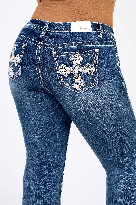 Cross Embellished Women's Plus Size Bootcut Jeans Fashionable Vintage Wash Jeans