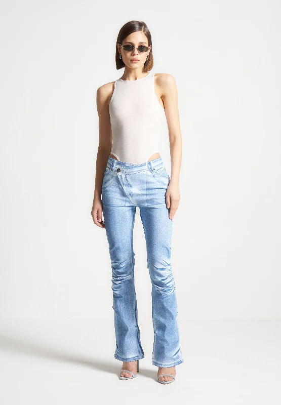 Denim Effect Tacked Fit and Flare Jeans - White/Blue Comfortable Faded High-Rise Jeans