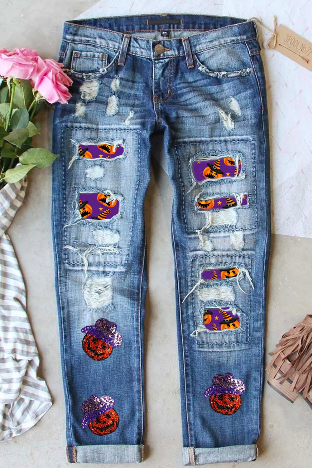 Distressed Sequin Pumpkin Jeans Fashionable Button-Front Jeans