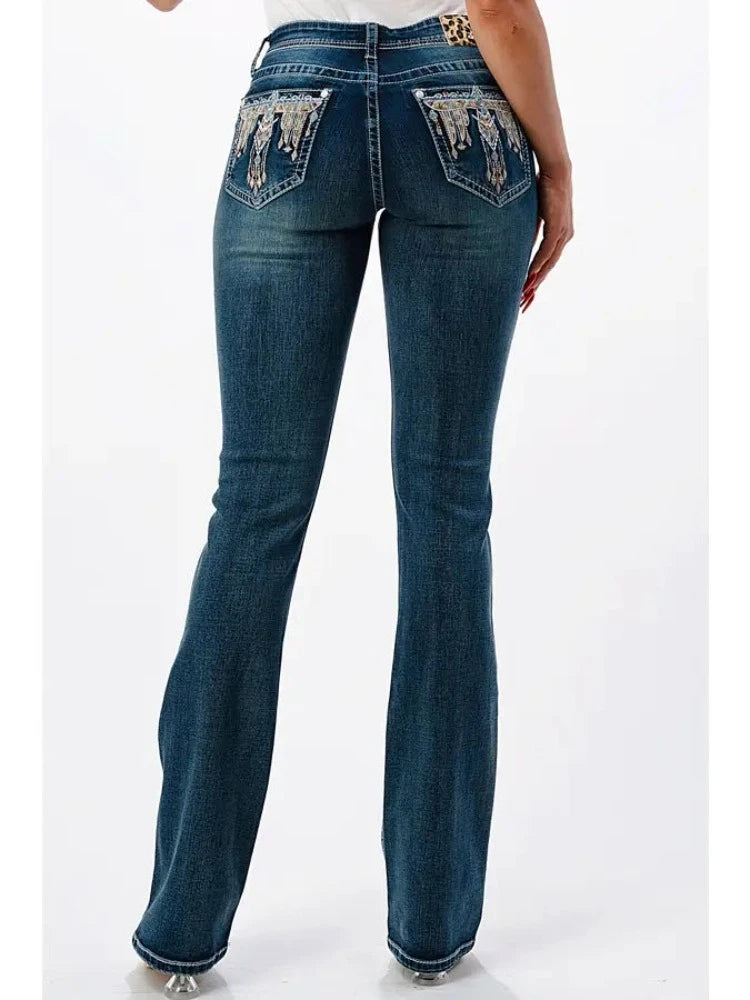 Grace In LA Bootcut Jeans w/ Eagle embellishment Cozy Wide-Legged Jeans