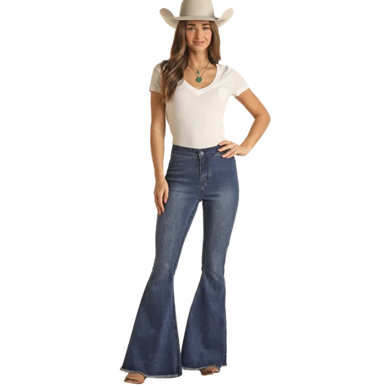 Extra Stretch High Rise Bell Bottom Jeans Rock & Roll Denim for Women Stylish Acid-Wash Jeans