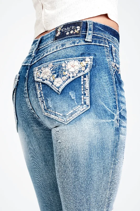 Floral Modify Faux Flap Embellished Mid Rise Bootcut Jeans Chic Dark-Wash Skinny Jeans