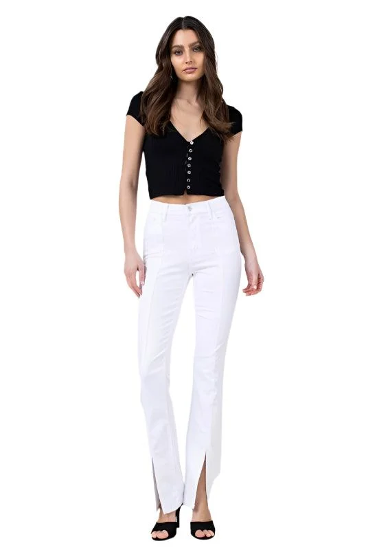 Front Slit Slim White Bootcut Jeans Chic Vintage-Inspired Denim Jeans