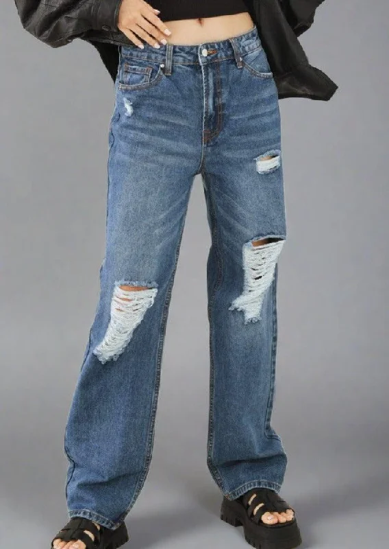 Straight Cut Distressed High Waist Jeans Chic Rip-Detail High-Waist Jeans