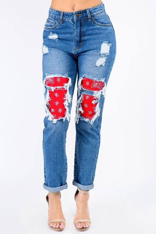 High Waist Bandana Patchwork Jeans Stylish Relaxed Fit Skinny Jeans