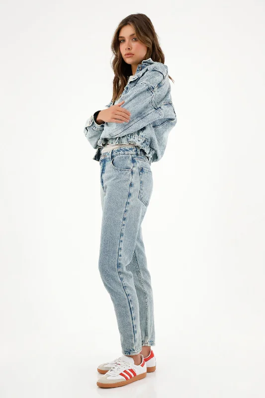 Women's High-Waisted Blue Straight Jeans Trendy Button-Up High-Waist Jeans