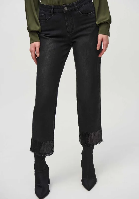 Joseph Ribkoff Sequinned Frayed Hem Cropped Jeans, Black Fashionable Straight Cut Jeans