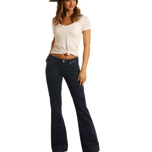 Mid Rise Extra Stretch Trouser Jeans Rock & Roll Denim Fashionable Raw Hemmed Jeans