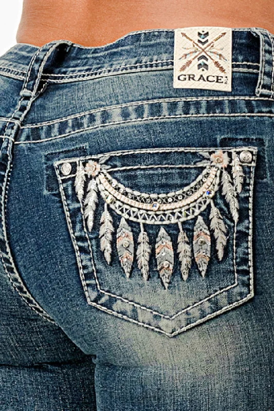 Necklace Embellished Mid Rise Women's Bootcut Jeans Elegant Raw Hem Jeans