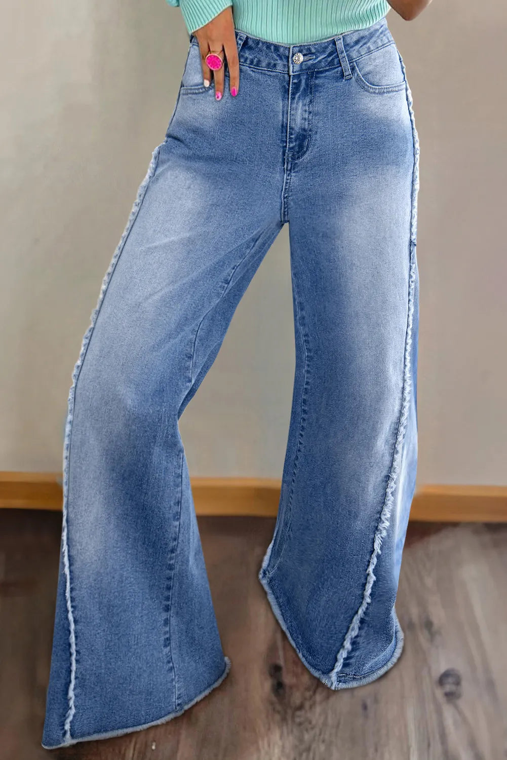 Raw Hem Wide Leg Jeans with Pockets Elegant Dark-Wash Bootcut Jeans