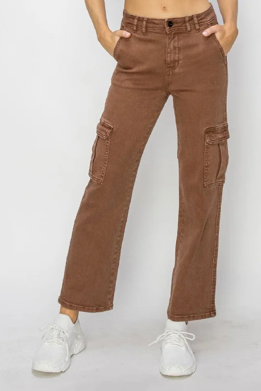 Risen Full Size High Rise Cargo Jeans In Espresso Chic Dark-Wash Skinny Jeans