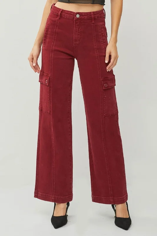 RISEN Full Size High Rise Wide Leg Cargo Jeans In Wine Trendy Bootcut High-Waisted Jeans