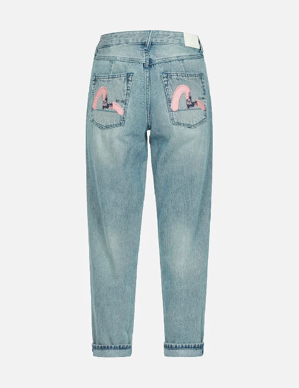 Seagull Print and Embroidery Taper-Fit Jeans Cozy Relaxed Fit Denim Jeans