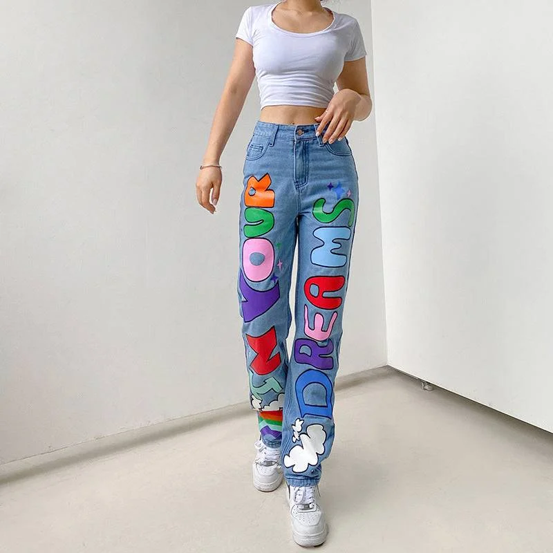 Sexy Contrast Color Letters Graffiti Print Loose Jeans Chic Dark-Wash Skinny Jeans