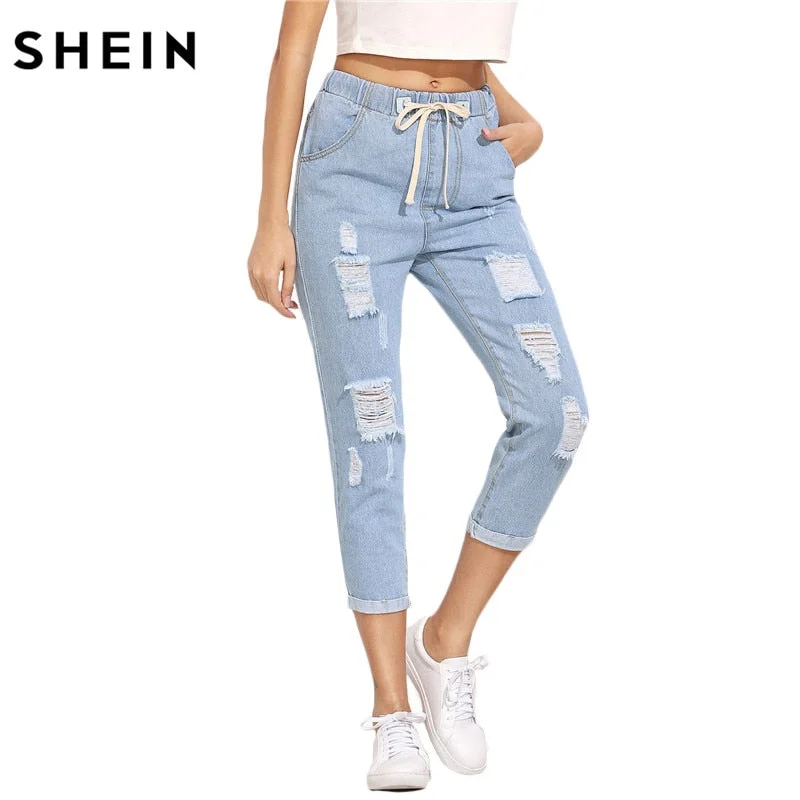 SHEIN Women Summer Pants Casual Trousers for Ladies Blue Ripped Mid Waist Drawstring Skinny Denim Calf Length Jeans Comfortable Zip-Fly Denim Jeans