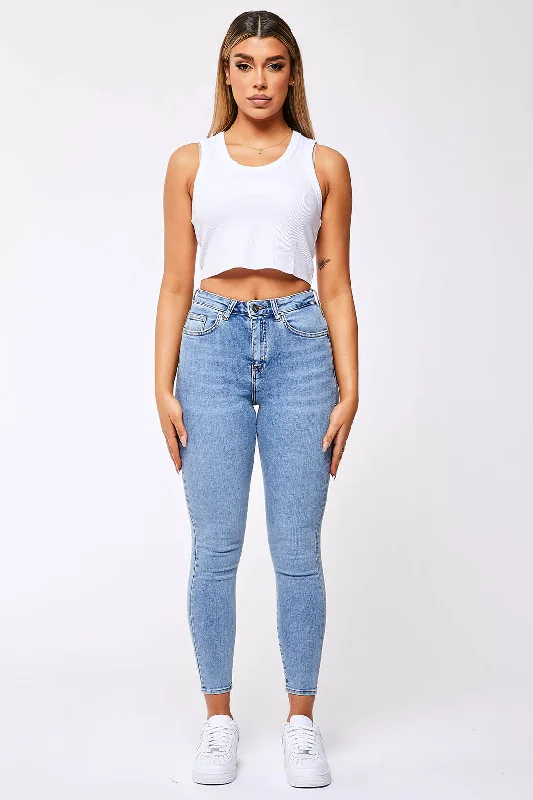 SKINNY JEANS - BLEACH BLUE Trendy Button-Up High-Waist Jeans