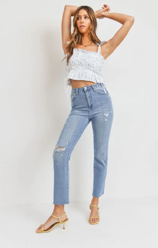 SLIM STRAIGHT DISTRESSED JEANS Casual High-Waisted Bootcut Jeans