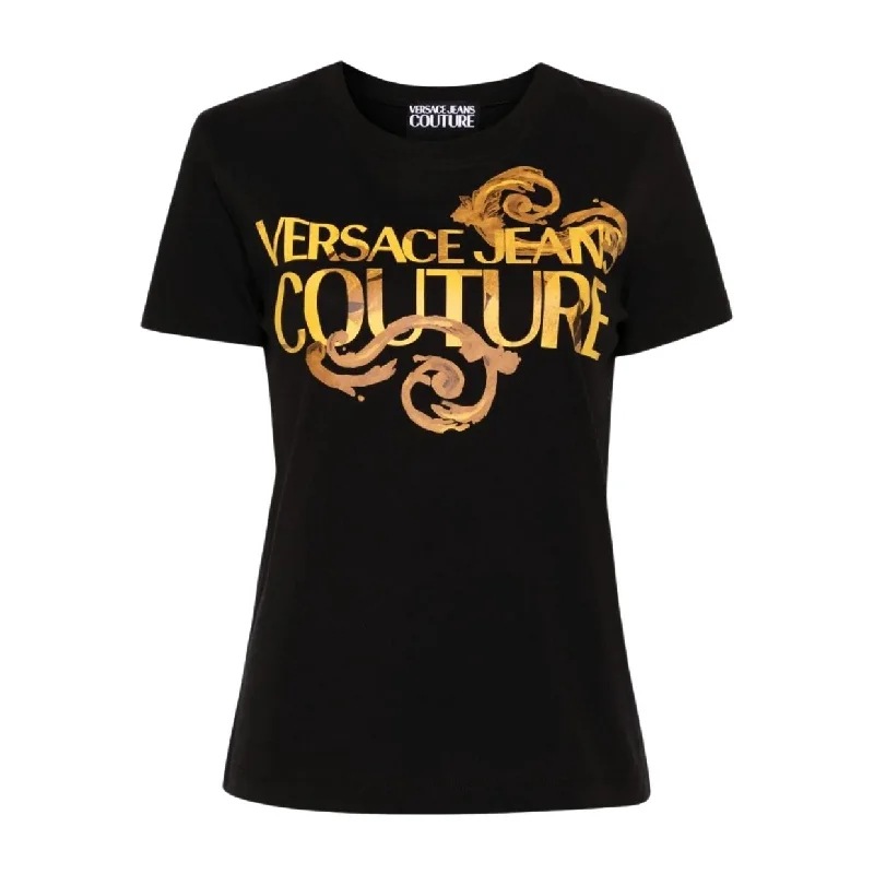 Versace Jeans Couture Watercolour Couture Logo Black T-Shirt Elegant High-Waisted Flared Jeans