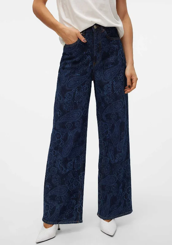 Vero Moda Kathy Paisley High Rise Wide Leg Jeans, Dark Blue Denim Trendy Pleated Waist Jeans