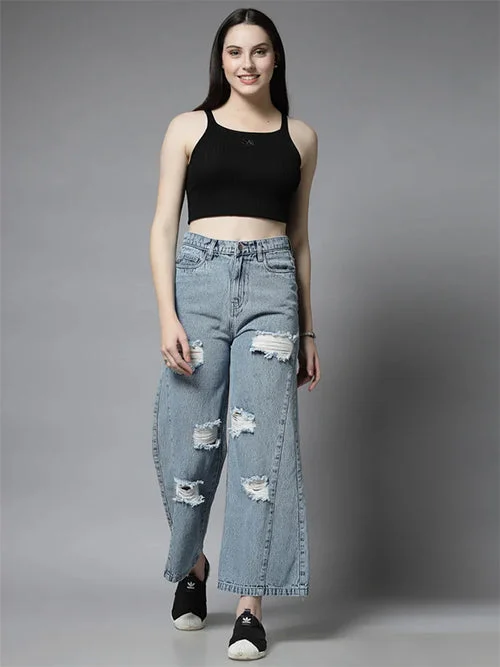 Women’s Distressed Denim Wide Leg Jeans Trendy Wide-Legged High-Waist Jeans